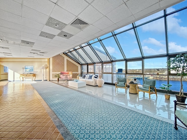 building lobby with a water view