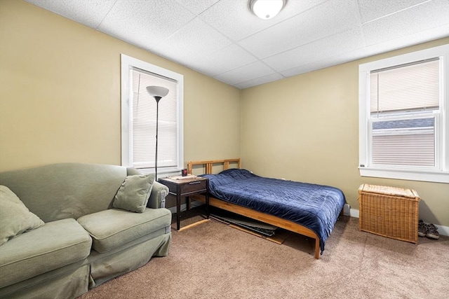 carpeted bedroom featuring a paneled ceiling and baseboards