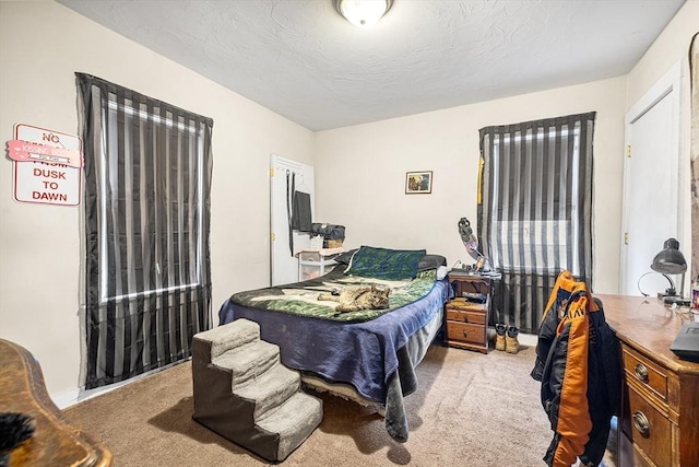 bedroom with light carpet and a textured ceiling