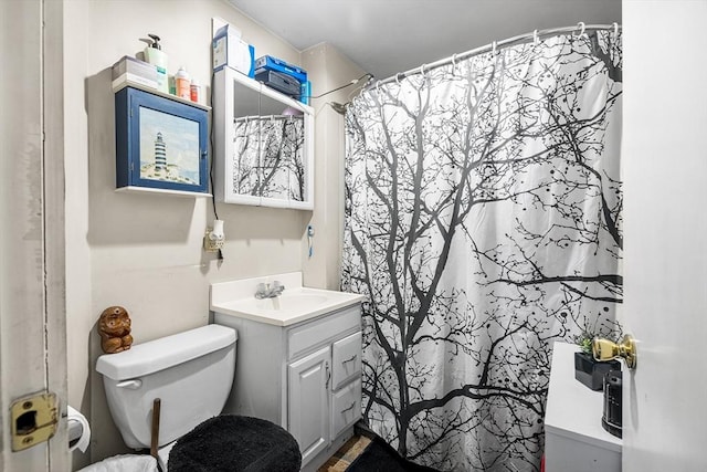 bathroom featuring toilet, a shower with curtain, and vanity