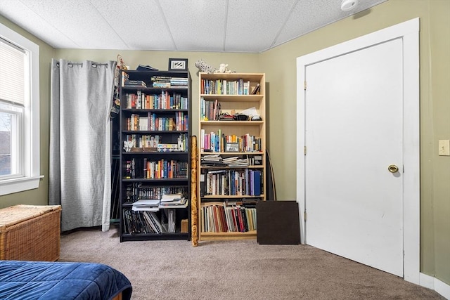 carpeted bedroom featuring a paneled ceiling