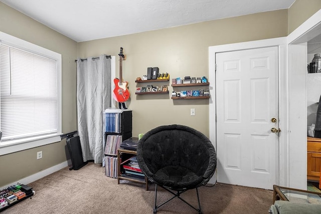 interior space featuring light colored carpet and baseboards