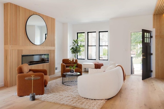 living room featuring a large fireplace and light hardwood / wood-style floors