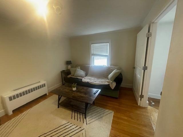 living room featuring radiator, baseboards, and wood finished floors