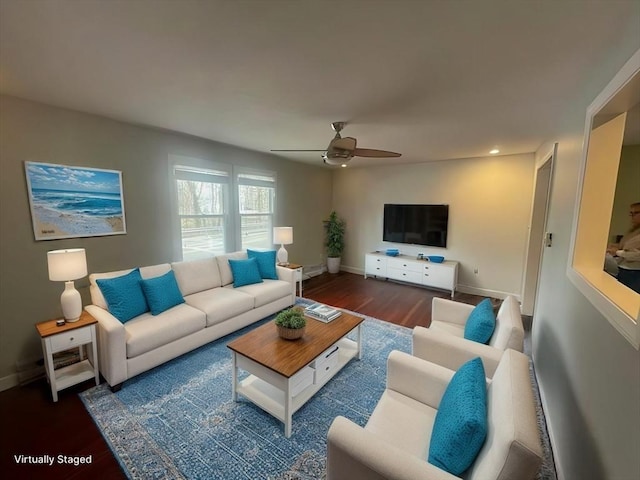 living room with recessed lighting, baseboards, ceiling fan, and wood finished floors