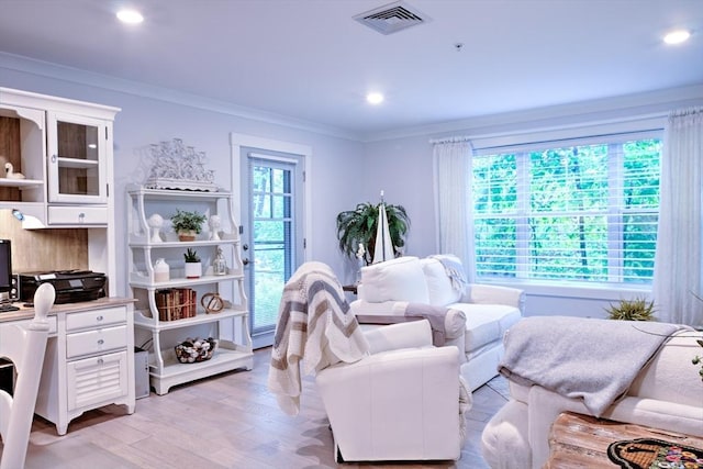 11 Cushing Pl Unit 106, Chelmsford, MA 01824 - living room with ornamental molding, light wood finished floors, recessed lighting, and an office area