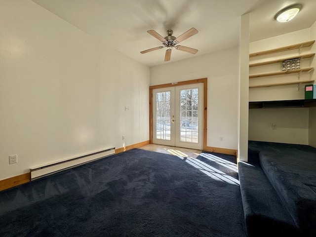 unfurnished room with ceiling fan, light colored carpet, baseboard heating, and french doors