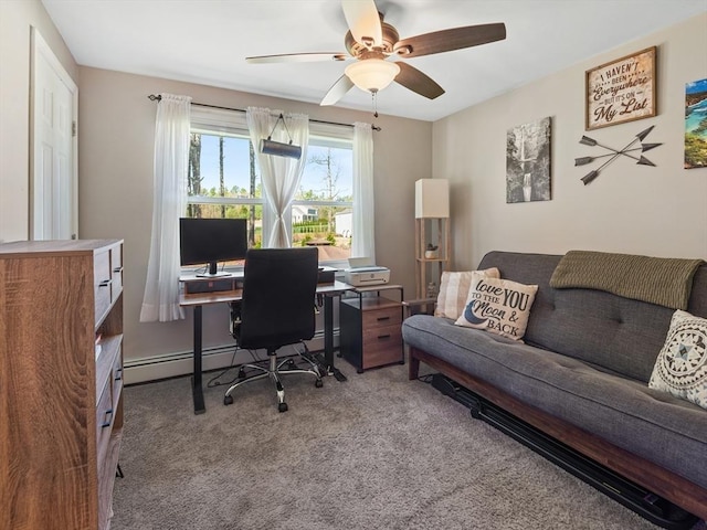 office featuring a baseboard radiator, ceiling fan, and carpet flooring