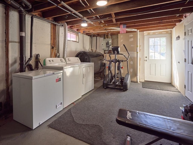 washroom featuring laundry area, heating fuel, washer and clothes dryer, and electric panel