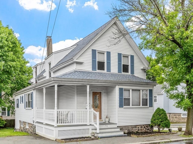 73 Lawrence St, Salem, MA 01970 - view of front of house with covered porch, a shingled roof, and a chimney
