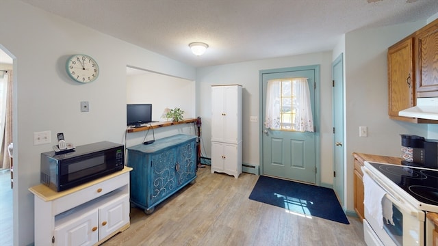 kitchen featuring a baseboard heating unit, range hood, white electric stove, a textured ceiling, and light hardwood / wood-style floors