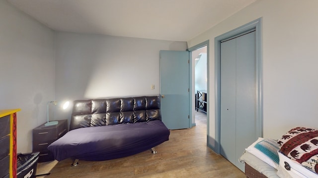 bedroom with a closet and light hardwood / wood-style flooring