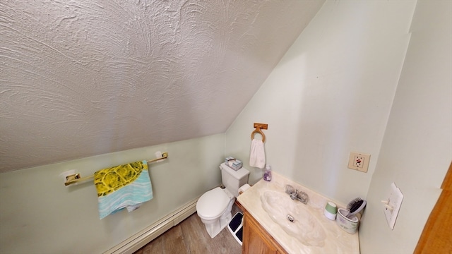 bathroom featuring vanity, lofted ceiling, wood-type flooring, and toilet