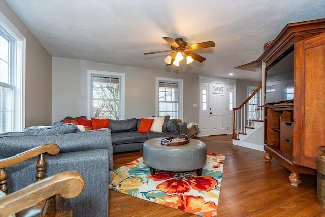 262 Homestead Ave, Rehoboth, MA 02769 - living area with dark wood-type flooring, stairs, ceiling fan, and recessed lighting