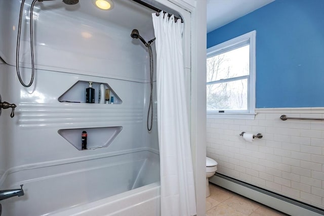 262 Homestead Ave, Rehoboth, MA 02769 - full bathroom featuring a baseboard radiator, shower / bath combo, tile patterned floors, tile walls, and a wainscoted wall