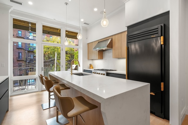 kitchen with wall chimney exhaust hood, an island with sink, stainless steel appliances, and pendant lighting