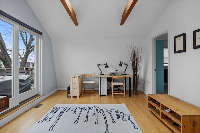 office with lofted ceiling with beams, wood finished floors, visible vents, and baseboards