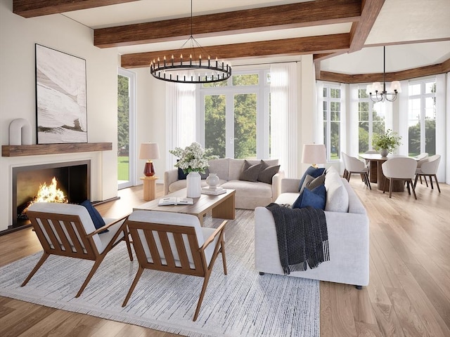 living area featuring a chandelier, beam ceiling, plenty of natural light, a warm lit fireplace, and wood finished floors