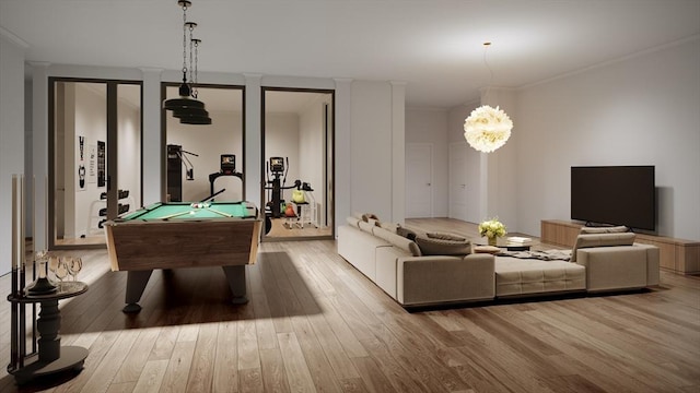 playroom featuring wood finished floors, billiards, and ornamental molding