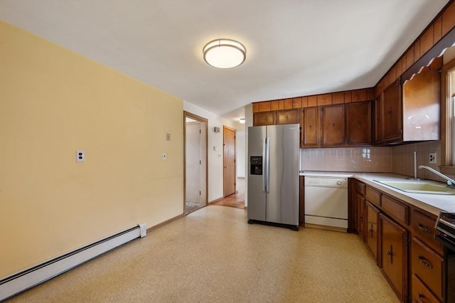 34 Buena Vista Ave, Salem, MA 01970 - kitchen featuring stainless steel fridge, white dishwasher, baseboard heating, light countertops, and tasteful backsplash