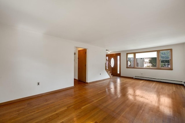 34 Buena Vista Ave, Salem, MA 01970 - empty room with a baseboard heating unit, wood finished floors, and stairway
