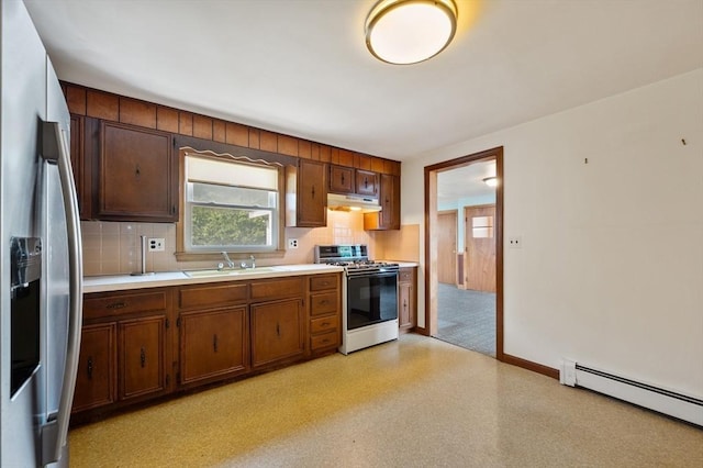 34 Buena Vista Ave, Salem, MA 01970 - kitchen with gas stove, stainless steel fridge with ice dispenser, a baseboard radiator, under cabinet range hood, and backsplash