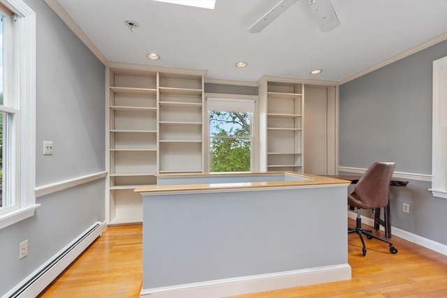 23 Centre Ave, Belmont, MA 02478 - unfurnished office with a baseboard heating unit, ornamental molding, recessed lighting, light wood-style floors, and baseboards