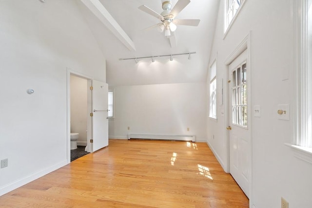 23 Centre Ave, Belmont, MA 02478 - entryway featuring baseboard heating, a ceiling fan, light wood finished floors, high vaulted ceiling, and track lighting