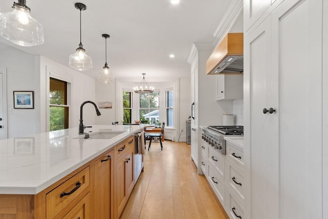 23 Centre Ave, Belmont, MA 02478 - kitchen with a sink, stainless steel appliances, custom range hood, a chandelier, and light wood finished floors