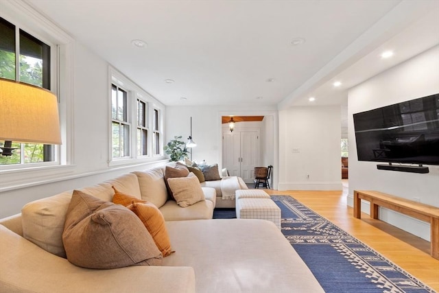 23 Centre Ave, Belmont, MA 02478 - living room with light wood-type flooring, recessed lighting, and baseboards