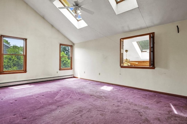 3 Westview Ter, Woburn, MA 01801 - spare room featuring a skylight, carpet flooring, a baseboard radiator, and high vaulted ceiling