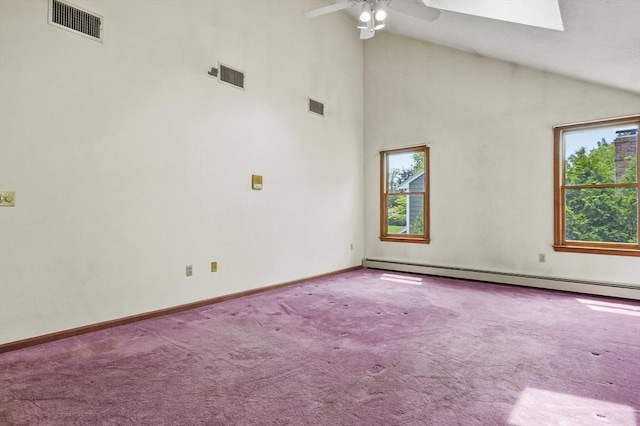 3 Westview Ter, Woburn, MA 01801 - empty room with carpet floors, a baseboard heating unit, baseboards, a ceiling fan, and high vaulted ceiling