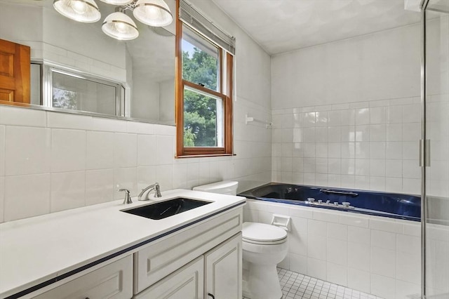 3 Westview Ter, Woburn, MA 01801 - full bathroom with tiled shower, toilet, vanity, tile patterned flooring, and a bath