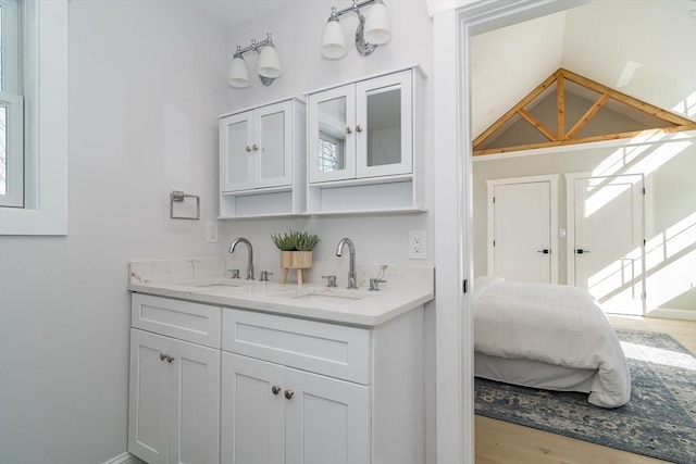 interior space with ensuite bath, wood finished floors, a sink, and double vanity
