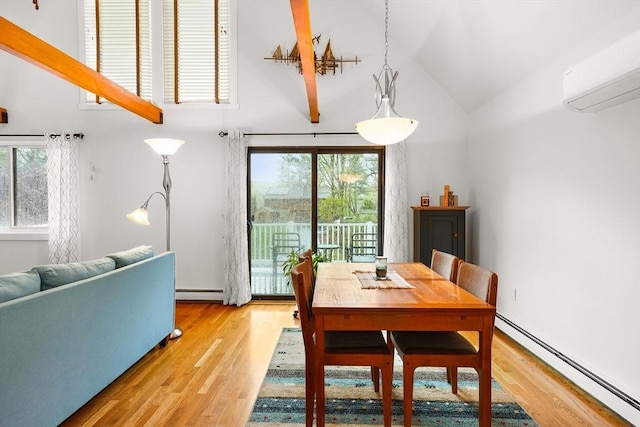 dining area featuring baseboard heating, high vaulted ceiling, an AC wall unit, and light wood-type flooring