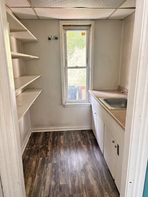 laundry area with a sink, dark wood-style flooring, and baseboards