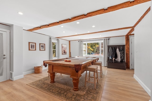 recreation room with beam ceiling, light hardwood / wood-style floors, and billiards