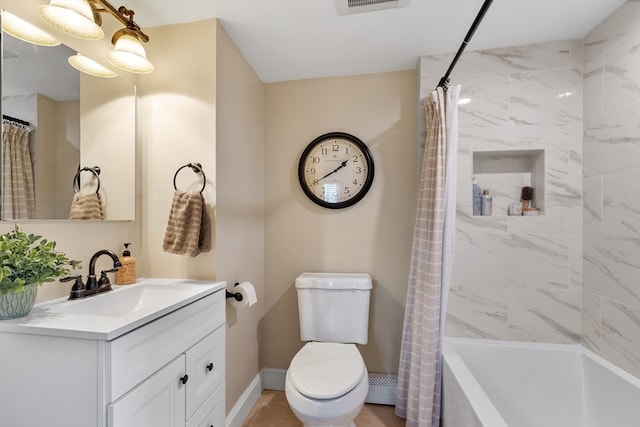 full bathroom featuring tile patterned flooring, shower / bath combination with curtain, toilet, and vanity