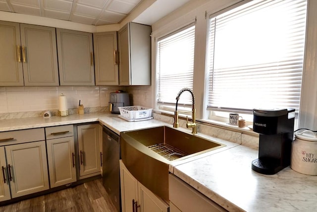 kitchen with sink, dark hardwood / wood-style flooring, dishwasher, and backsplash