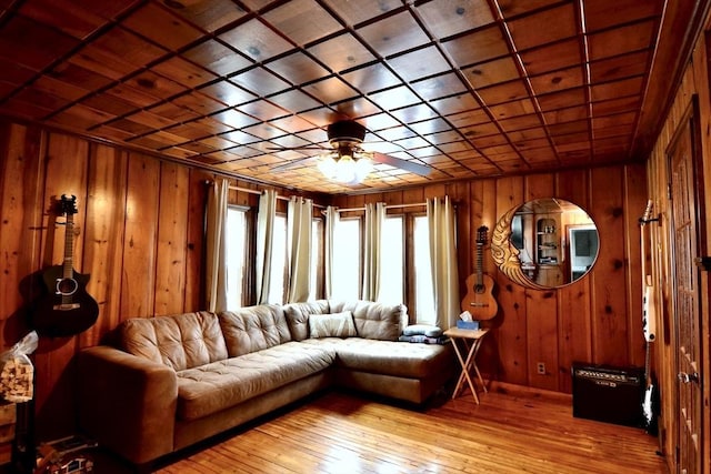 interior space featuring wooden walls, light hardwood / wood-style flooring, and a healthy amount of sunlight