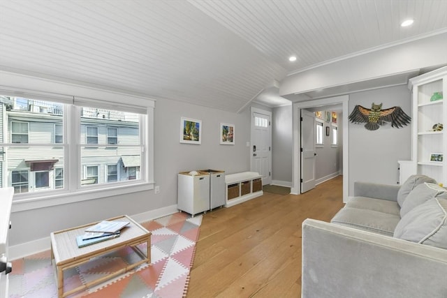 440 Cambridge St Unit 2, Cambridge, MA 02141 - living area with light wood-style floors, baseboards, recessed lighting, crown molding, and lofted ceiling