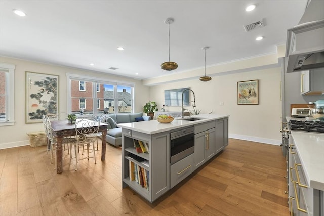 440 Cambridge St Unit 2, Cambridge, MA 02141 - kitchen featuring gray cabinetry, a sink, stainless steel appliances, wood finished floors, and light countertops