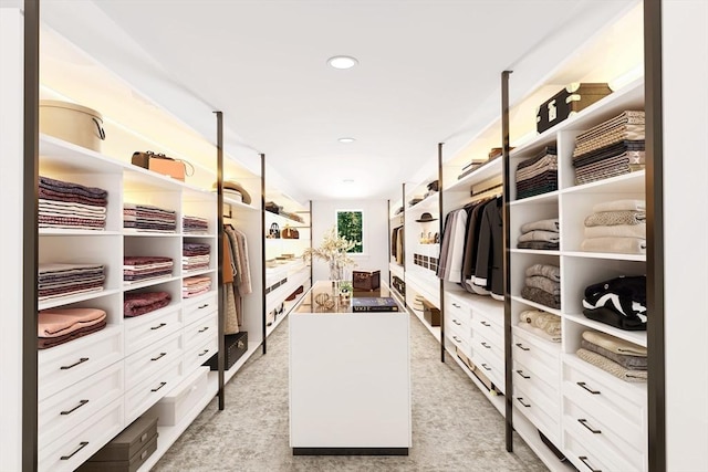 walk in closet featuring light colored carpet