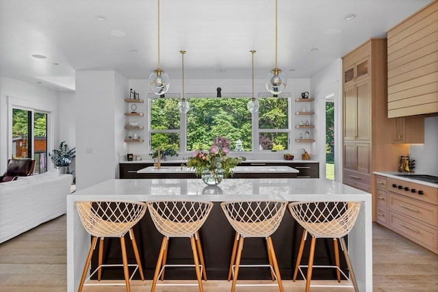 kitchen with a center island with sink, light countertops, and open shelves