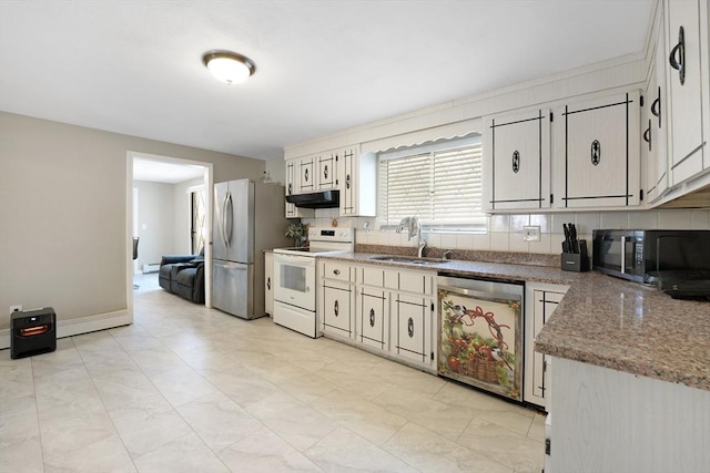 kitchen with sink, tasteful backsplash, stone counters, stainless steel appliances, and white cabinets