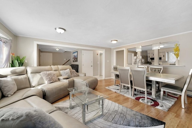 living room with crown molding and light hardwood / wood-style flooring