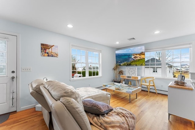 living room featuring light hardwood / wood-style floors and a baseboard radiator