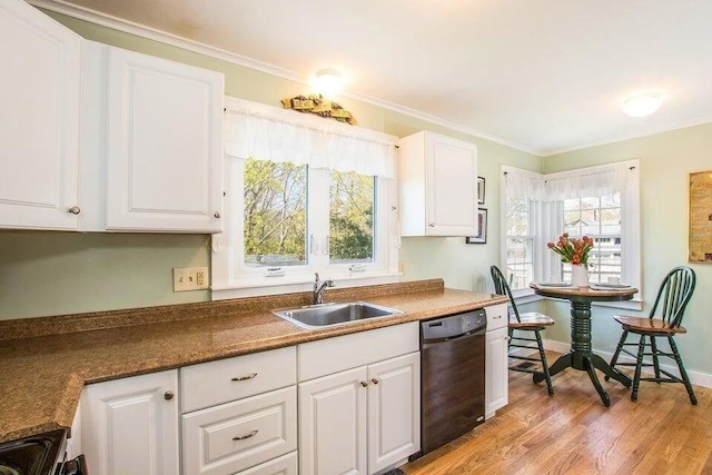 kitchen with a sink, light wood-type flooring, white cabinets, and dishwasher