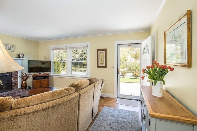 living room featuring baseboards, ornamental molding, a fireplace, and wood finished floors