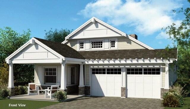 57 Sophia Dr, Rehoboth, MA 02769 - modern farmhouse with roof with shingles, stone siding, driveway, a garage, and a chimney
